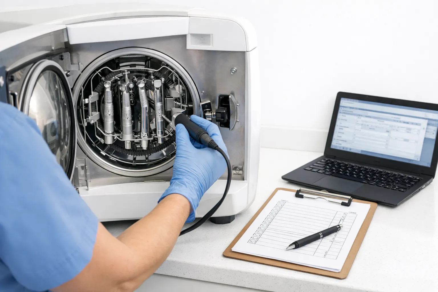 DAC Gerät in Nutzung mit Instrumentenaufnahme und dokumentiertem Prüfschritt.