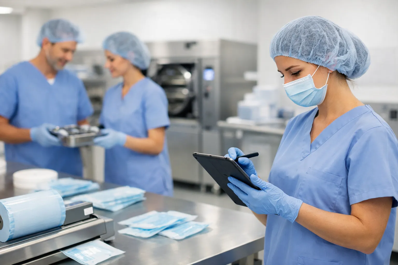 Medizinisches Team im Aufbereitungsumfeld als Symbol für unterschiedliche Einrichtungen.