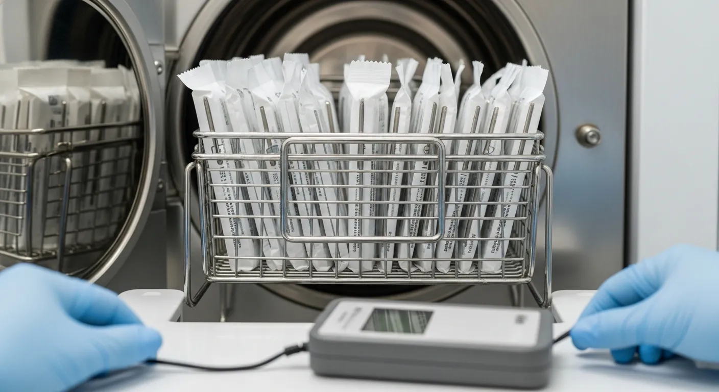 Autoklav mit Instrumenten im Innenraum und Prüfsituation mit Dokumentation am Arbeitsplatz.