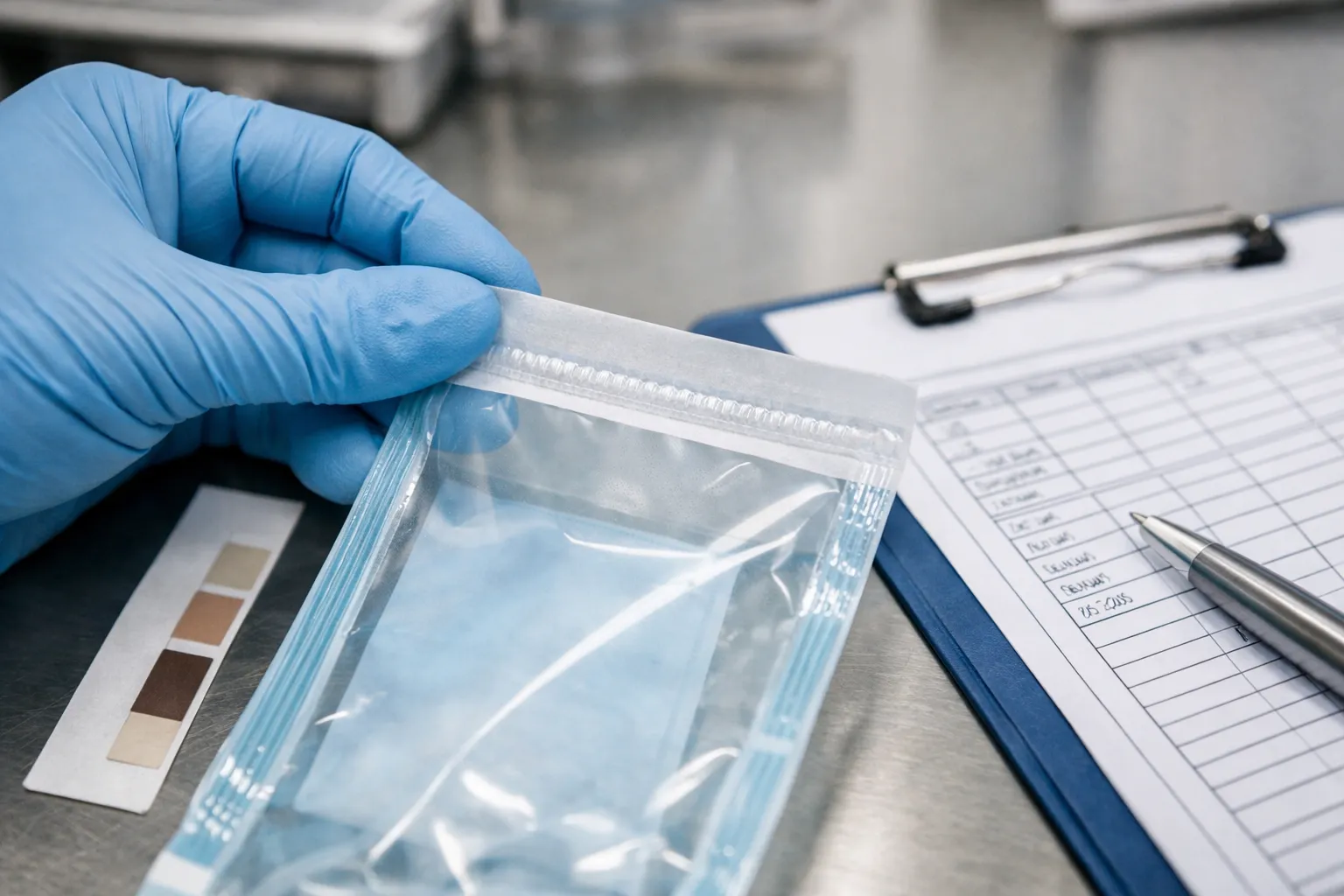 Siegelgerät am Edelstahl Arbeitsplatz mit Sterilbeutel und Verpackungsmaterial.