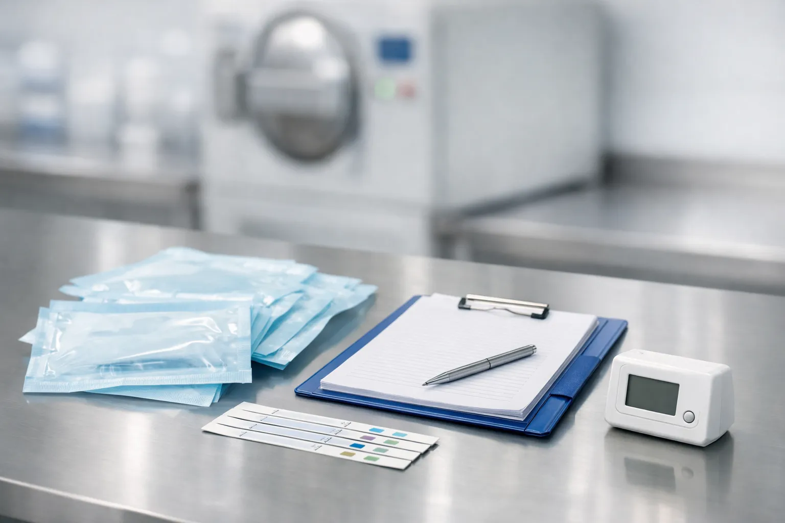 Dokumentation und Sterilgut im Aufbereitungsraum mit Autoklav im Hintergrund.