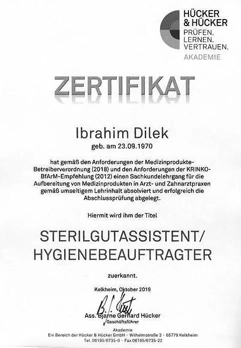 Zertifikat für Ibrahim Dilek mit dem Titel Sterilgutassistent und Hygienebeauftragter von Hücker und Hücker Akademie