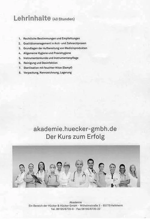 Übersicht der Lehrinhalte eines 40 Stunden Kurses zur Hygiene und Aufbereitung mit Themenliste und Gruppenfoto
