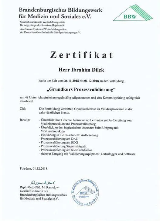 Zertifikat des Brandenburgischen Bildungswerks für Medizin und Soziales für Ibrahim Dilek zum Grundkurs Prozessvalidierung mit Themenübersicht