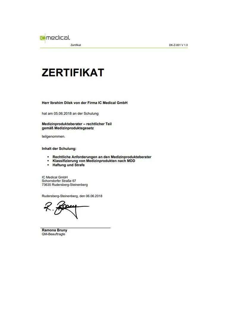 Zertifikat von IC Medical für Ibrahim Dilek zur Schulung Medizinprodukteberater rechtlicher Teil mit Fokus auf rechtliche Anforderungen und Klassifizierung
