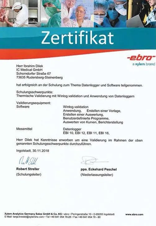 Ebro Zertifikat für Ibrahim Dilek zur Schulung Datenlogger und Software mit Schwerpunkt Validierung und Auswertung