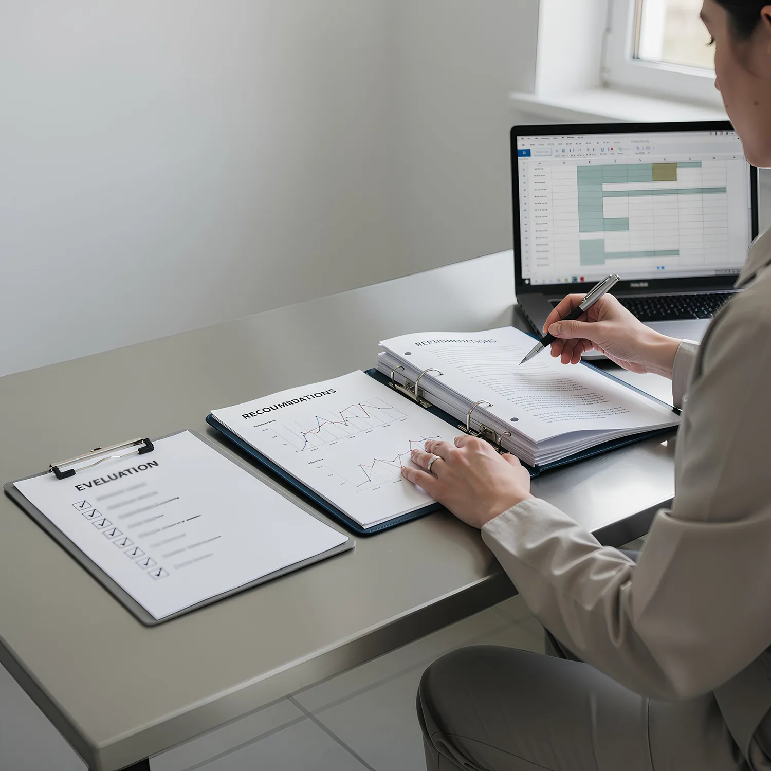 Person wertet Unterlagen am Schreibtisch aus, mit Ordner, Checkliste und Laptop für strukturierte Dokumentation.