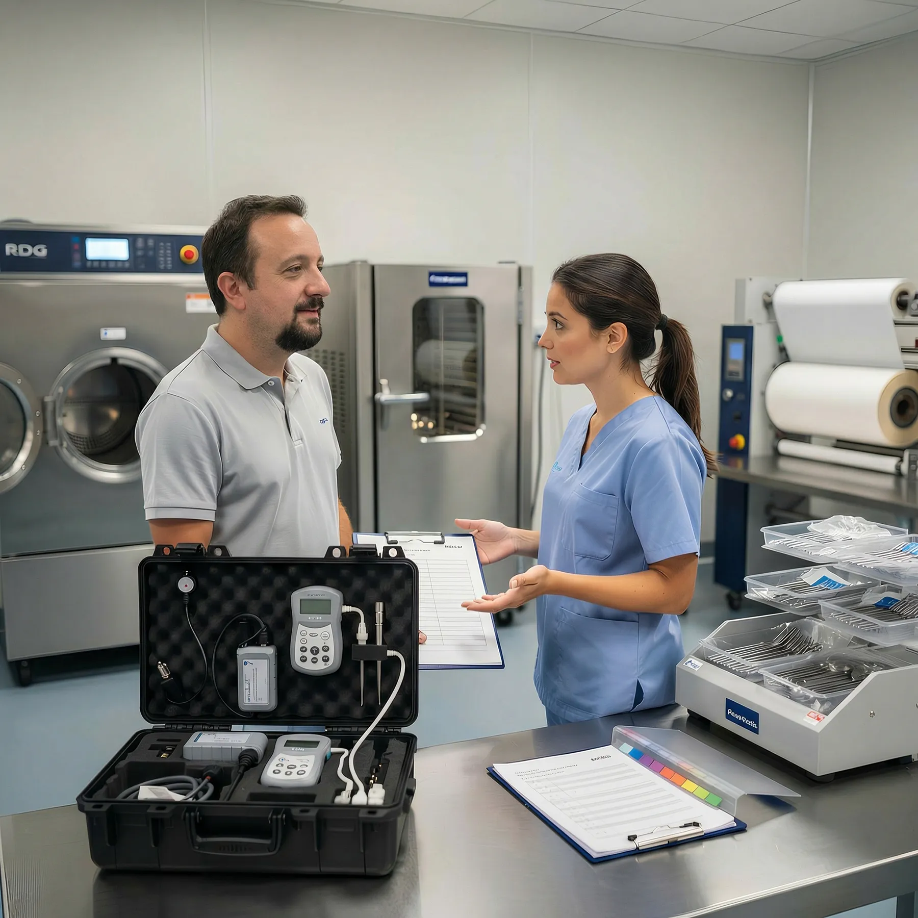 Validierungsexperte bespricht Prüfschritte mit einer Mitarbeiterin im Aufbereitungsraum, Messkoffer und Unterlagen liegen auf dem Tisch.