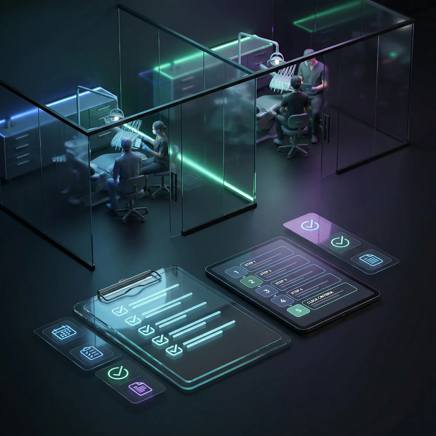 Isometrische 3D Szene mit zwei Behandlungsräumen einer Zahnarztpraxis, neonbeleuchteten Linien und digitalen Checklisten für Validierungsprozesse im Vordergrund.